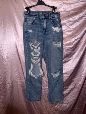 American Eagle Outfitters Distressed Boyfriend Jeans - Light Blue